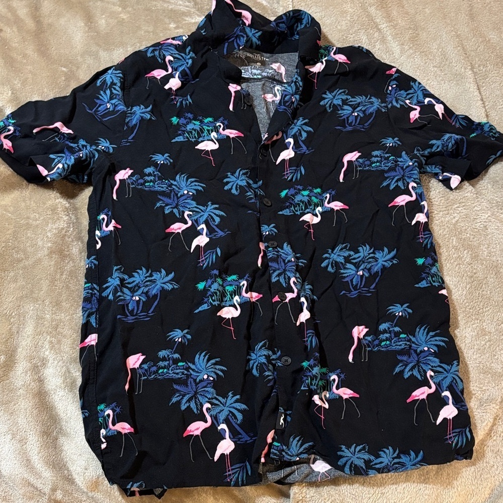Hollister Black Flamingo Print Casual Button Down Shirt